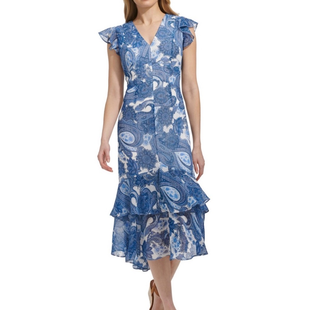 Tommy Hilfiger Chiffon Blue/White Paisley Flutter Sleeve Ruffle Hem Midi Dress 4